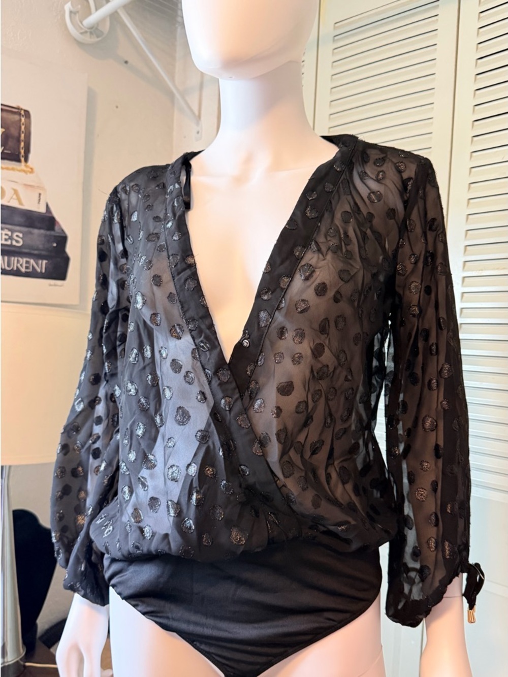 ELA Sheer Polka Dot Bodysuit – Black | Size L | NWT
